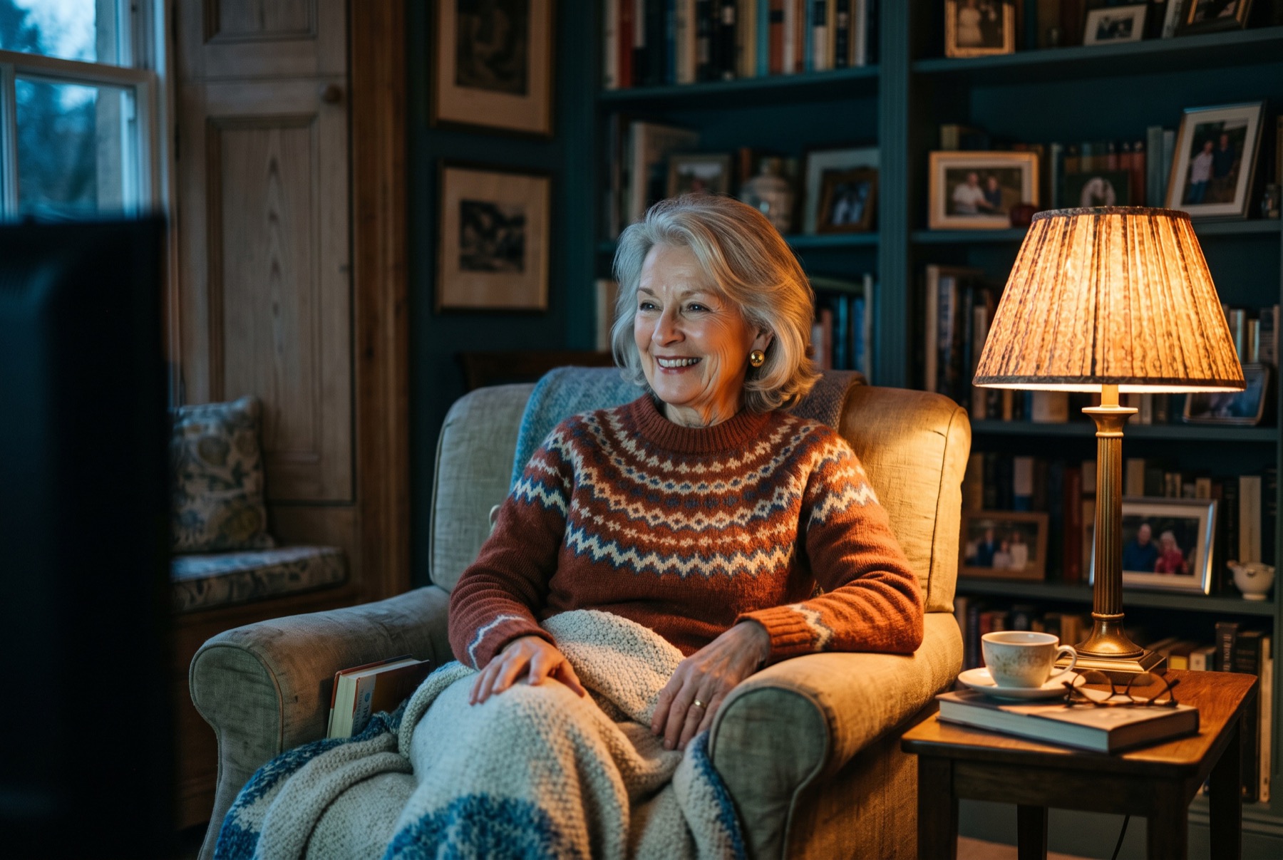 A smiling woman in her seventies relaxing in her armchair at evening, lamp glowing beside her, watching her TV.