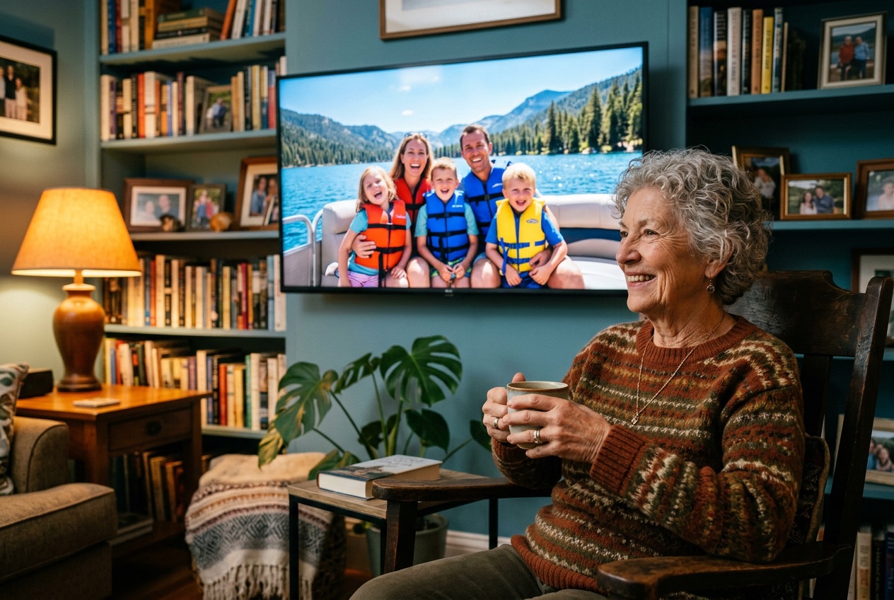 Margaret smiling with her mug as the lake photos glow on her TV.