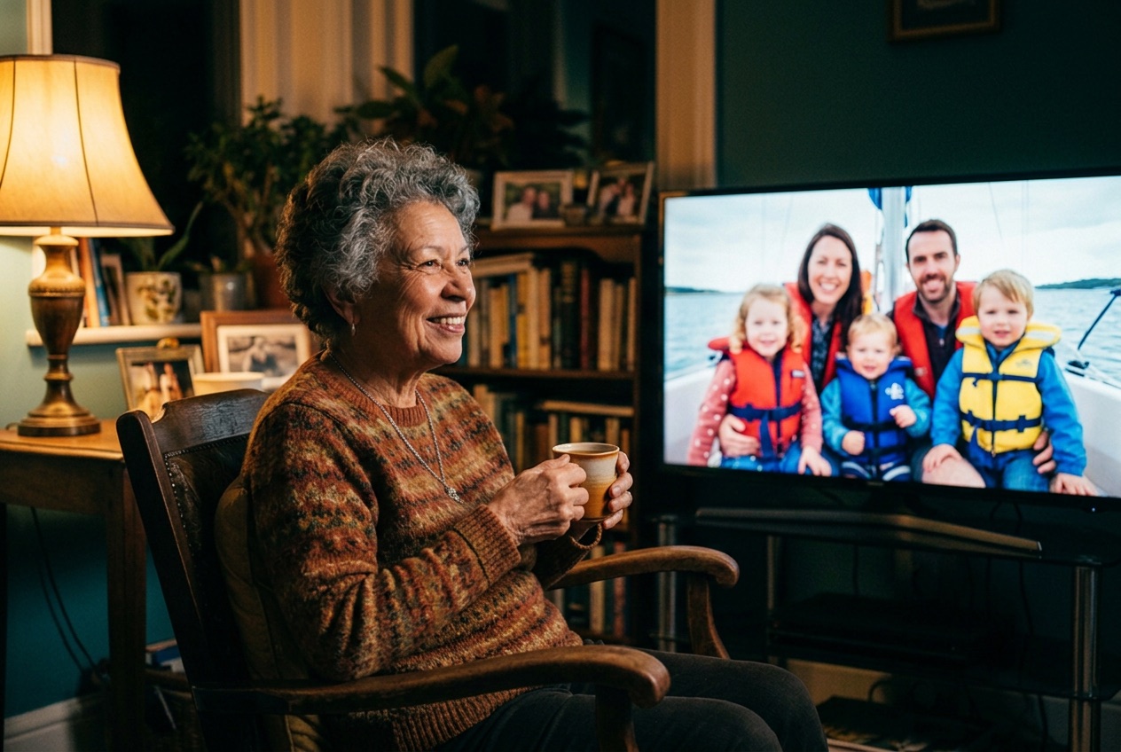 Margaret smiling with her mug as the lake photos glow on her TV.