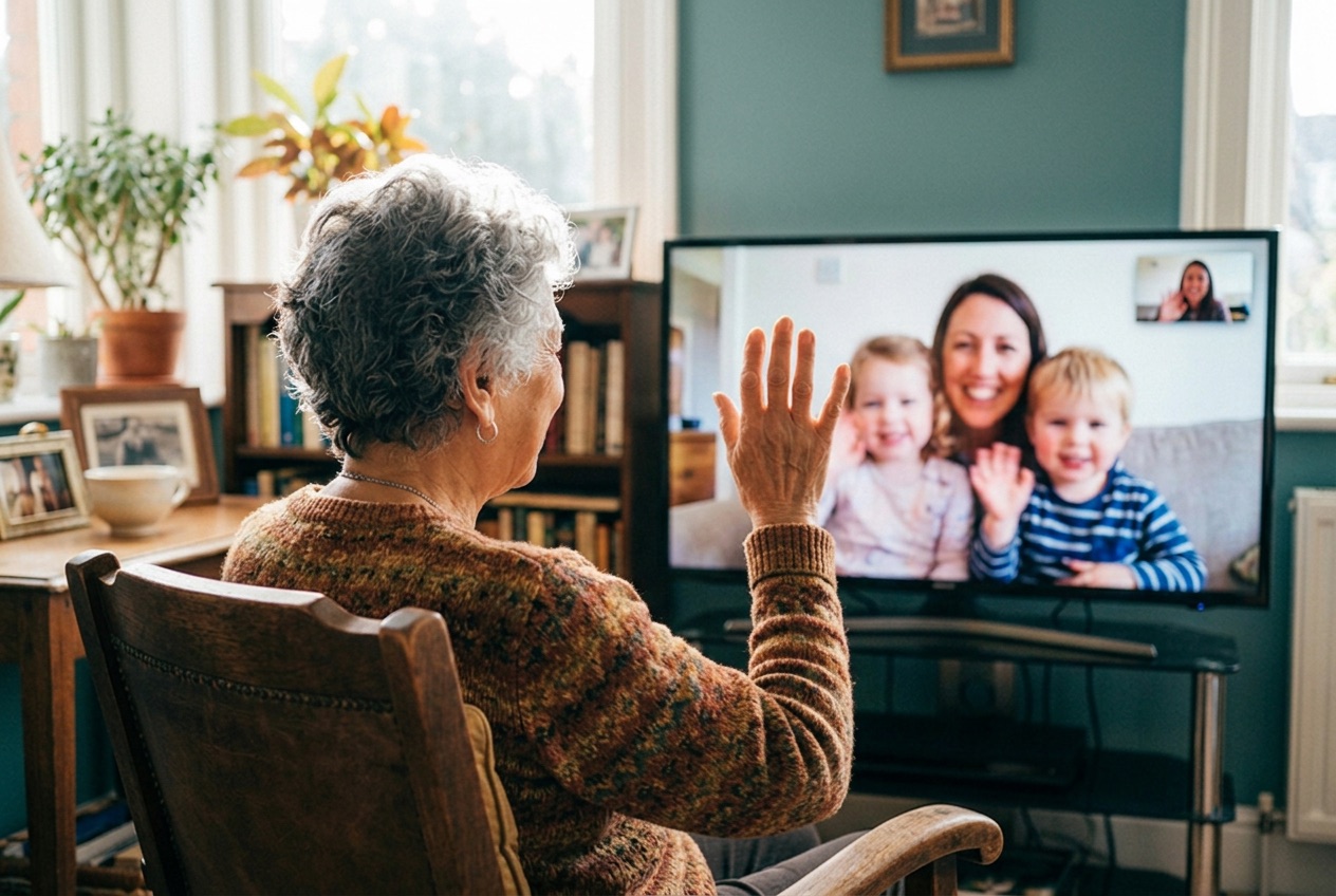 Margaret waving at her TV in the daytime as her family waves back on a video call.